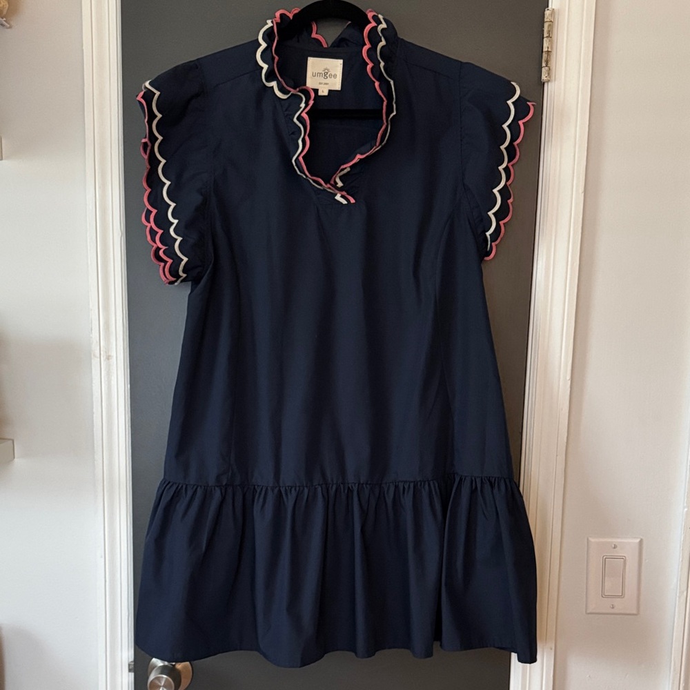 Umgee Navy Dress with Pink and White Trim size Large - Picture 2 of 6
